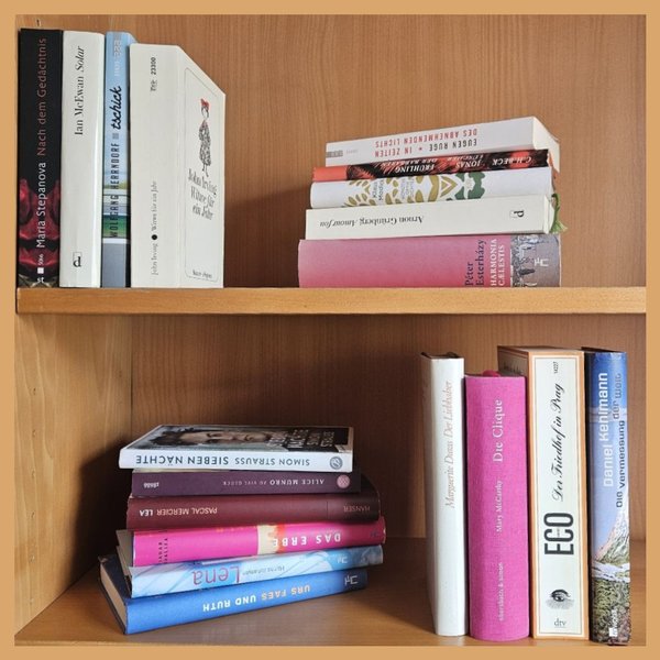 Foto von einem Bücherregal mit ein paar aufgestellten und aufgestapelten Romanen verschiedener Autorpersonen und Farben, Hard- und Softcover gemischt. Unter anderem Sieben Nächte von Simon Strauss, Tschick von Wolfgang Herrndorf und Solar von Ian McEwan.