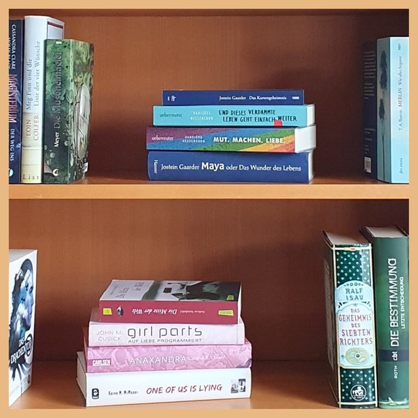 Foto von einem Bücherregal mit ein paar aufgestellten und aufgestapelten Jugenbüchern verschiedener Autorpersonen und Farben, Hard- und Softcover gemischt. Unter anderem One of Us is Lying, Anaxandra und Das Kartengeheimnis.