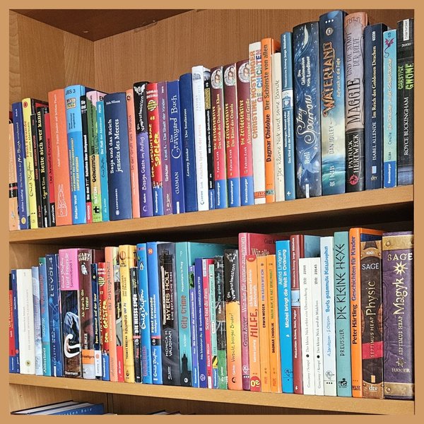 Foto eines Bücherregals mit Kinderbüchern verschiedener Autorpersonen und Farben, Hard- und Softcover gemischt. Seitliche Ansicht.