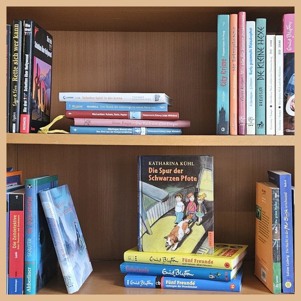 Ausschnitt eines Bücherregals mit ein paar aufgestellten und aufgestapelten Kinderbüchern verschiedener Autorpersonen und Farben, Hard- und Softcover gemischt. Unter anderem Enid Blytons Fünf Freunde, "Die Spur der schwarzen Pfote" und "Die kleine Hexe"