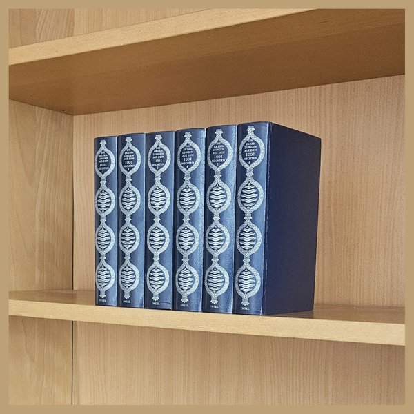 Das Foto zeigt die sechsbändige Reihe "Die Erzählungen aus den 1001 Nächten" in einem Regal aus seitlicher Ansicht.